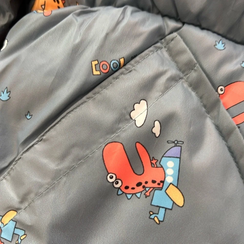 NWT Sheng Boyi Dinosaur Puffer Jacket - w Hood Gray with Colorful Prints  Size M